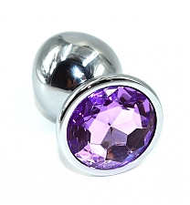 Пробка анальная металлическая серебристая с фиолетовым кристаллом (длина — 10,0 см, диаметр — 4,6 см)