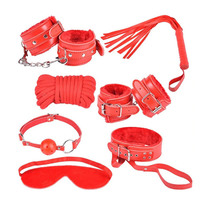 Набор БДСМ красный (наручники, поножи, плеть, ошейник с поводком, маска, кляп, веревка)
