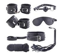 Набор БДСМ черный (наручники, поножи, ошейник с поводком, плеть, кляп, маска, веревка)