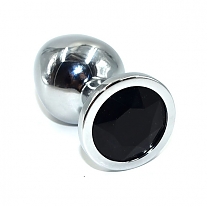 Пробка анальная металлическая серебристая с черным кристаллом (длина — 8,0 см, диаметр — 3,3 см)