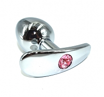 Пробка анальная для ношения металлическая серебристая нежно-розовым кристаллом (длина — 8,0 см, диаметр — 3,3 см)