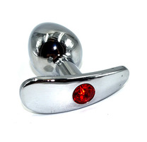 Пробка анальная для ношения металлическая серебристая с красным кристаллом (длина — 7,0 см, диаметр — 2,6 см)