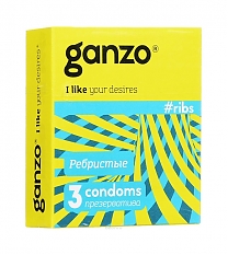 Презервативы Ganzo Ribs ребристые с согревающей смазкой — 3 штуки