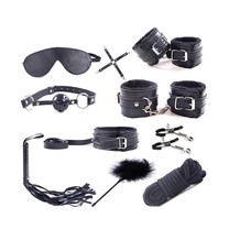 Набор БДСМ черный (наручники, поножи, плеть, ошейник, зажимы, кляп, веревка, маска, фиксатор, щекоталка)