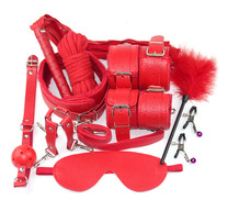 Набор БДСМ красный (наручники, поножи, плеть, ошейник, зажимы, кляп, веревка, маска, фиксатор, щекоталка)