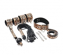 Набор БДСМ леопардовый (наручники, поножи, плеть, ошейник с поводком, кляп)