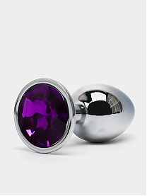 Пробка анальная металлическая серебристая с фиолетовым кристаллом (длина — 7,0 см, диаметр — 2,8 см)